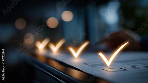 Illuminated Checklist: A close-up view captures the essence of task completion and planning, as glowing checkmarks illuminate the path to success.
