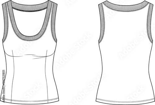 "Technical fashion illustration of sleeveless tank top showing front and back views with scoop neckline, ribbed binding, fitted silhouette, apparel design garment construction drawing"