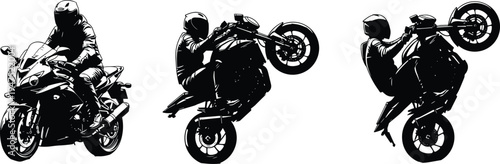 Set of black and white motorcycle silhouettes featuring a biker riding a sportbike and performing stunts like wheelies for extreme sports and racing design.