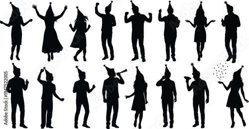 Silhouettes of party people wearing celebration hats, dancing and enjoying a festive birthday event, representing fun, crowd celebration, and jodancing festive birthday event crowd fun celebration set