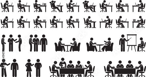 Business office people silhouettes set showing working meeting handshake presentation teamwork corporate workplace activity vector