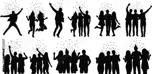 Silhouettes of party people celebrating with confetti, dancing and jumping friends group isolated on white background, representing fun, celebration, and festive moments