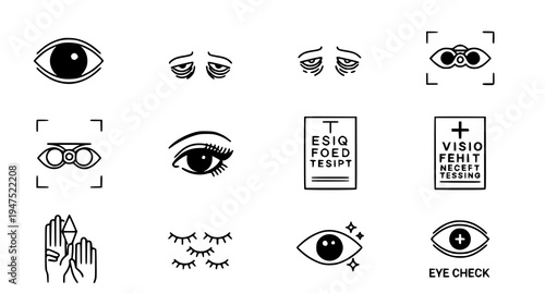 A set of minimalist vector icons depicting various eye-related graphics and illustrations for use in medical or optometric designs