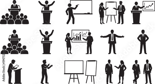 Business presentation silhouettes set, speaker podium meeting seminar training boardroom corporate people vector collection