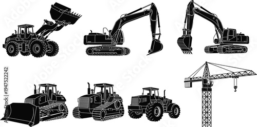 Set of black construction machinery silhouettes featuring excavators, bulldozers, wheel loaders, and tower cranes for heavy industry, building site logistics, and engineering vector illustrations.