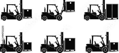 Set of black forklift silhouettes in various positions lifting cardboard boxes on pallets for industrial warehouse logistics, shipping transportation, and freight delivery service icons.