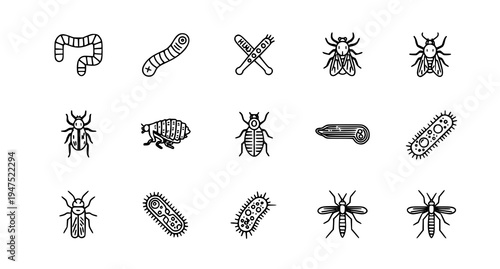 A set of black and white vector illustrations of various insects and microorganisms