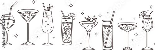 Cocktail glasses vector illustration set, various drinks and garnishes, isolated