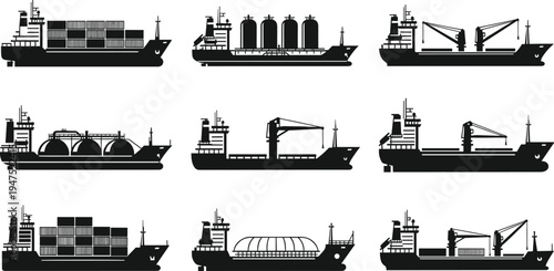 Set of black silhouette cargo ships icons including container vessels, oil tankers, bulk carriers, gas transporters, and industrial freight maritime transportation logistics vector illustrations.