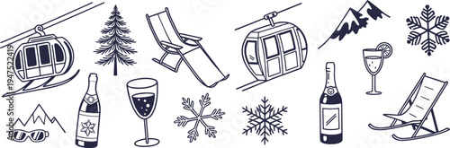 Winter ski resort vector illustration featuring cable cars snowflakes and champagne bottles