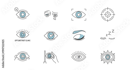A collection of eye-related vector icons and illustrations for optometrist clinics and vision care services