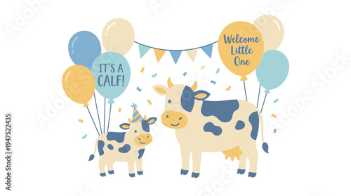 Cute calf childbirth celebration with balloon