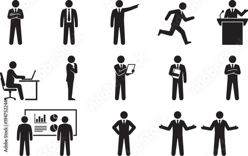 Businessman silhouette icons set, corporate office worker poses presentation meeting running speaking professional vector collection