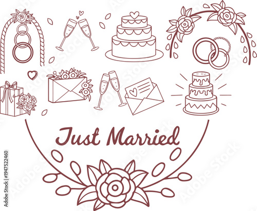 Wedding celebration symbols vector set with just married calligraphy and floral decorations