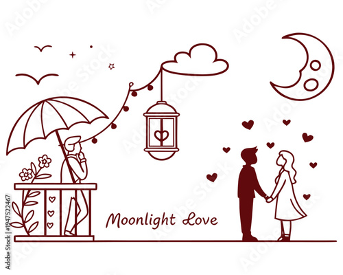 Moonlight love vector illustration showing a couple holding hands under the crescent moon