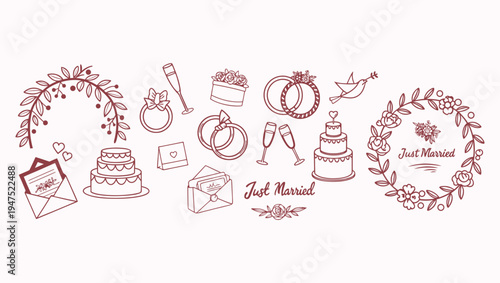 Romantic wedding icons vector set with tiered cakes floral wreaths and ceremonial elements