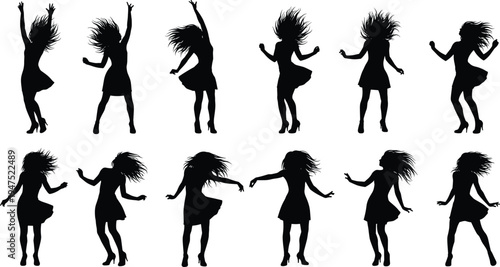 Set of black silhouettes featuring beautiful young women dancing in dresses with flowing hair for party, nightclub, celebration, music festival, and active lifestyle design.