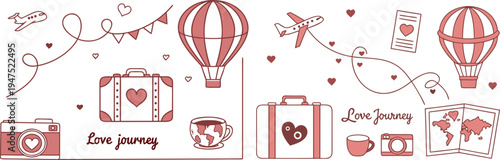 Travel and adventure love journey vector concept with hot air balloons and vintage luggage