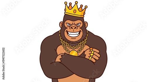 Cartoon illustration of confident gorilla wearing crown and gold jewellery