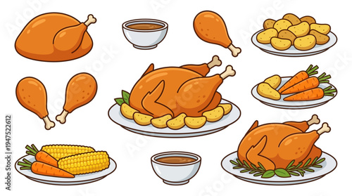 Roasted chicken and food vector set