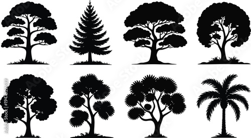 Set of 8 tree silhouettes vector