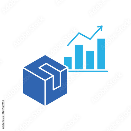 icon a rising product with a package box and upward growth bar chart, isolated against a clean background.