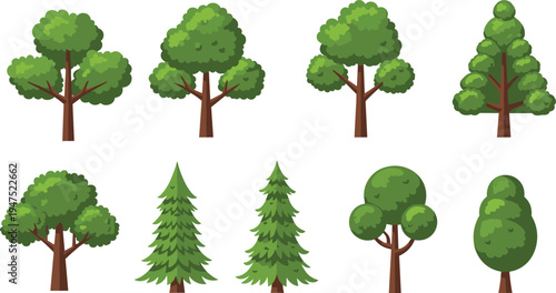 Set of flat cartoon green tree icons isolated on white background including pine fir spruce and deciduous forest foliage for nature landscape vector design