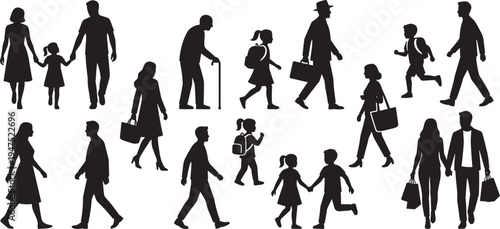 Diverse people walking silhouettes collection, men women children family pedestrians isolated vector illustration set for urban lifestyle