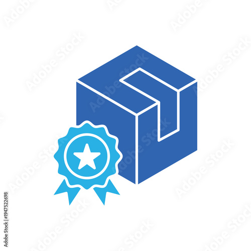 icon a best seller package box with a quality award badge, isolated against a clean background.