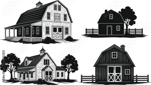 Set of rustic barn silhouettes and vintage farmhouse sketches featuring wooden country houses, rural farm buildings, fences and trees for agricultural landscape vector illustrations.