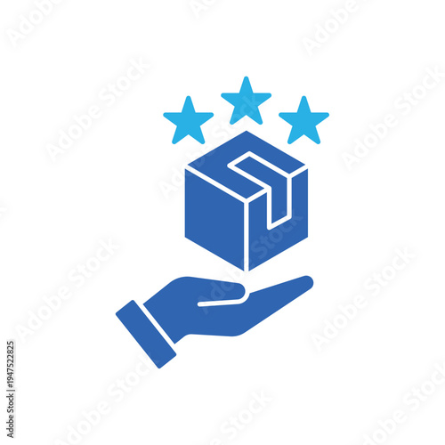 icon a popular product with package box held by hand and stars, isolated against a clean background.