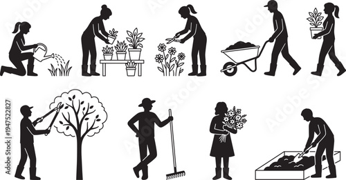 Gardening people silhouette collection showing watering planting pruning raking carrying plants urban garden activity vector set
