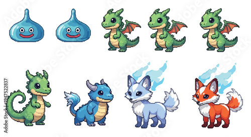 A charming collection of pixel art fantasy creatures, including slimes, various dragons, and elemental foxes, presented on a clean white background.