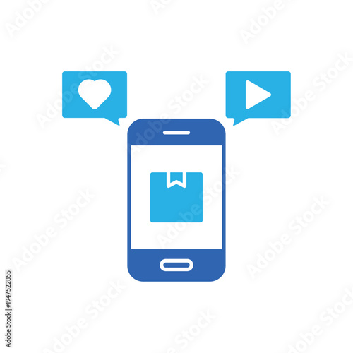 icon social buzz on smartphone with heart like and play symbols, isolated against a clean background.