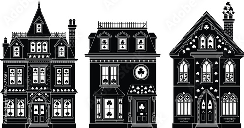 St. Patrick's Day themed black silhouette vector illustrations of ornate Victorian gothic houses and haunted mansions decorated with shamrock patterns for Irish holiday celebrations.