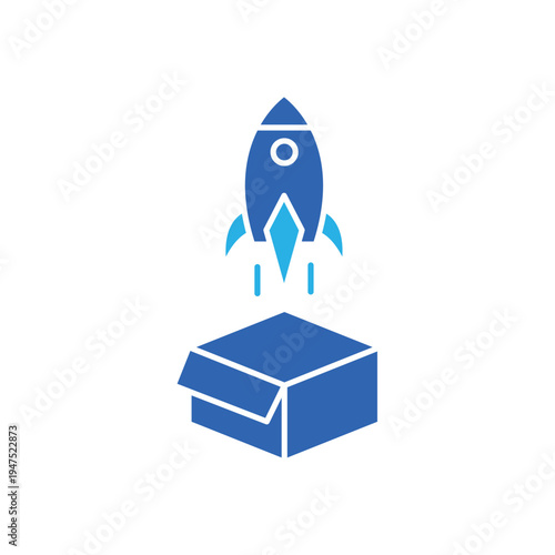 icon a launch hype with a rocket flying out of an open box, isolated against a clean background.