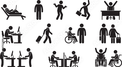Human activity silhouettes set, people working traveling relaxing wheelchair lifestyle daily actions stick figure vector