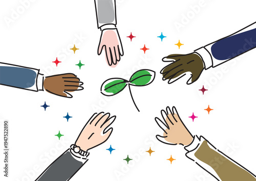 SDGs、ESGイメージの世界の人々の手と若葉