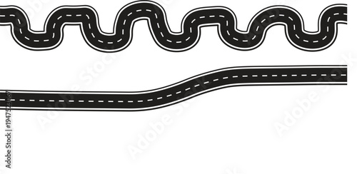 Straight and winding road road. Seamless asphalt roads template. Highway or roadway background.