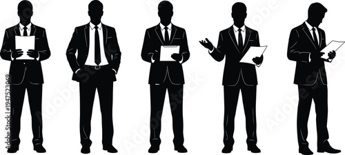 Professional businessman silhouette vector collection, standing male figures in formal suits holding documents and clipboards, corporate office worker set isolated on white background illustration