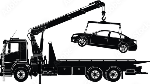 Tow truck silhouette lifting a car with hydraulic crane and hook for roadside assistance emergency vehicle recovery and transportation service for damaged automobile transport