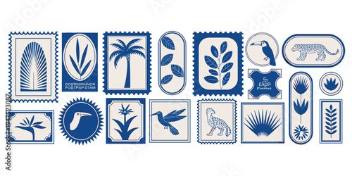 Collection of Vintage Style Postage Stamps Featuring Tropical Flora and Fauna in Blue and Beige retro