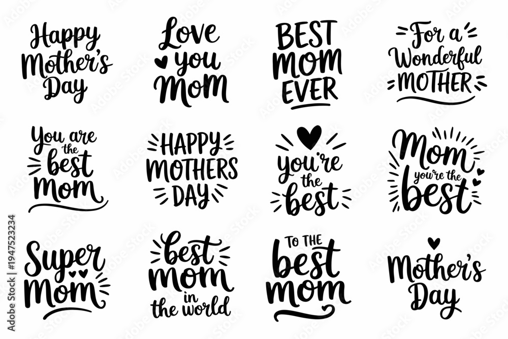 Fototapeta premium Twelve black and white handwritten mother's day messages in various fonts and styles