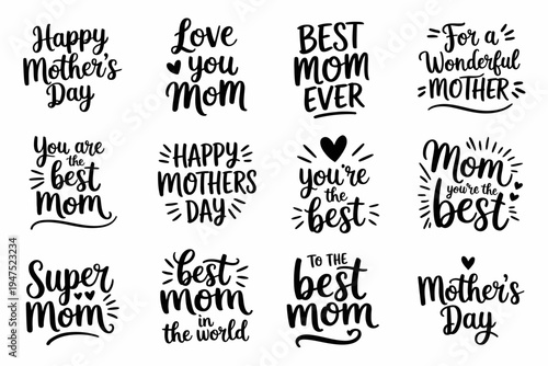 Twelve black and white handwritten mother's day messages in various fonts and styles