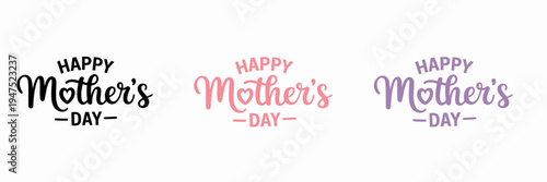 Three Variations of Happy Mothers Day Text in Black Pink and Purple