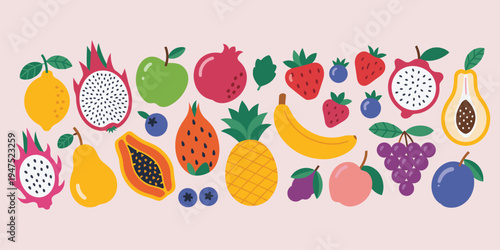 Colorful Assortment of Exotic and Common Fruits in Flat Design Style Keywords: fruits, fruit, healthy eating, food, tropical