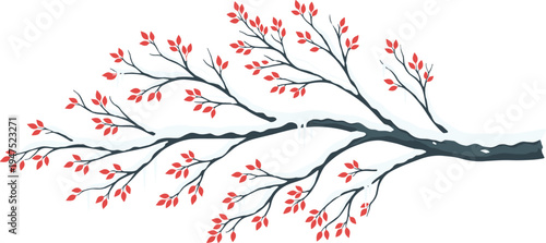 Vector illustration of a horizontal tree branch covered in white snow and icicles with vibrant red autumn leaves isolated on a plain white background