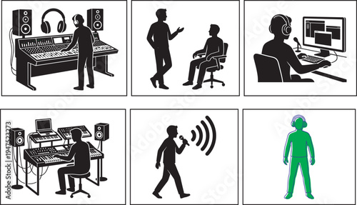 Music studio production silhouettes set with sound engineer recording podcast mixing console microphone audio workstation