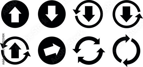 Collection of directional arrows and circular motion icons in black and white