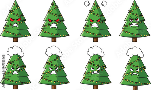 Vector Illustration Set Featuring Botanical Green Leafy Branches, Pink Cherry Blossoms, and Angry Grumpy Christmas Tree Cartoon Characters with Holiday Lights and Snow